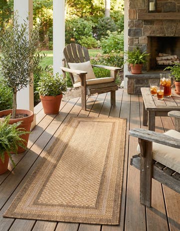 Tan Easy-Clean Border Indoor / Outdoor Runner Rug