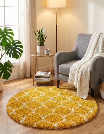 Yellow Lattice Shag Round Rug