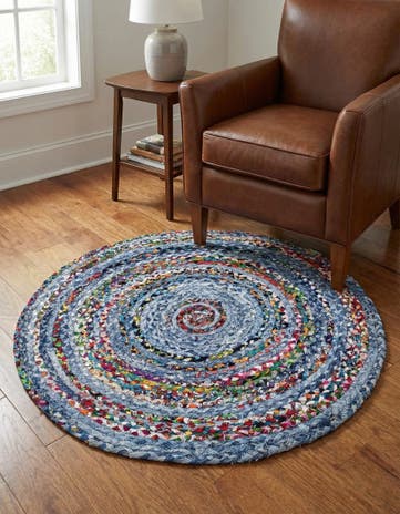 Blue and Multi Handmade Braided Chindi Round Rug