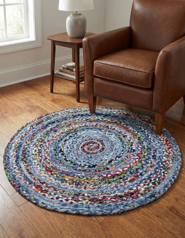 Blue and Multi Handmade Braided Chindi Round Rug