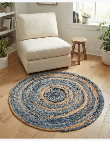 Blue and Natural Handmade Braided Chindi Round Rug