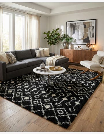 Black and White Moroccan Trellis Shag Square Rug