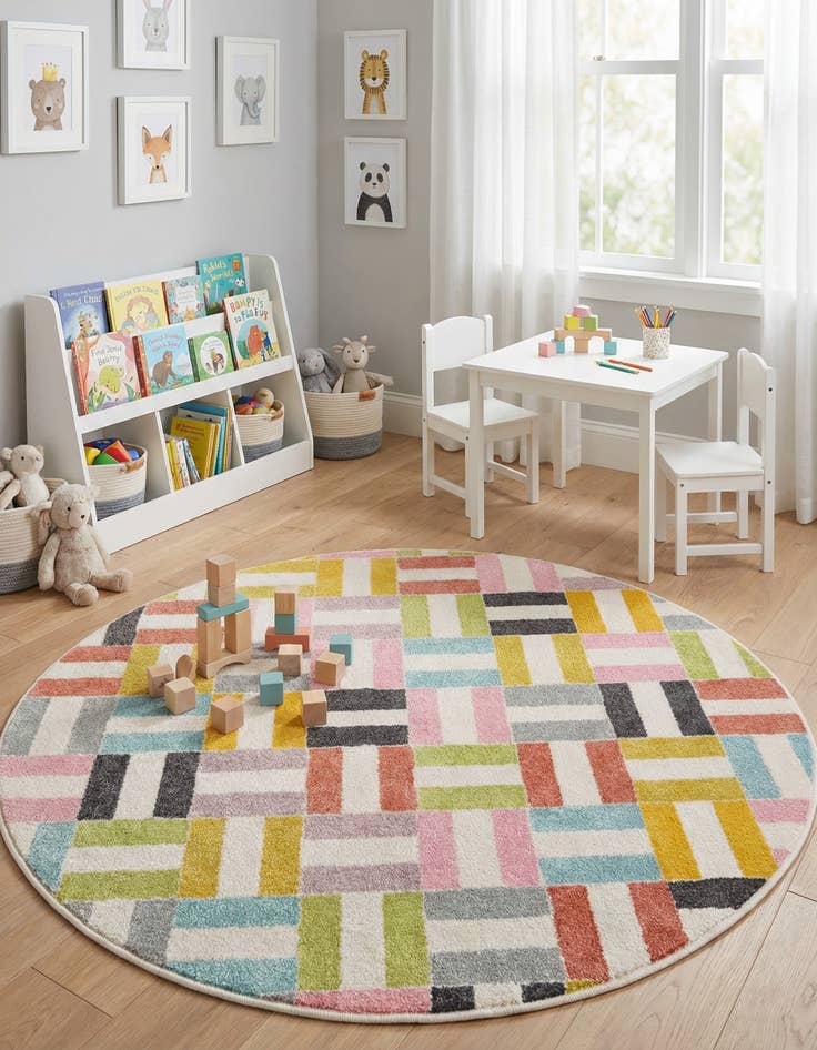 Detail image of 5' 3 x 5' 3 Checkered Whimsy Kids Round Rug