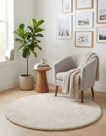 Oatmeal Beige Soft Solid Shag Round Rug