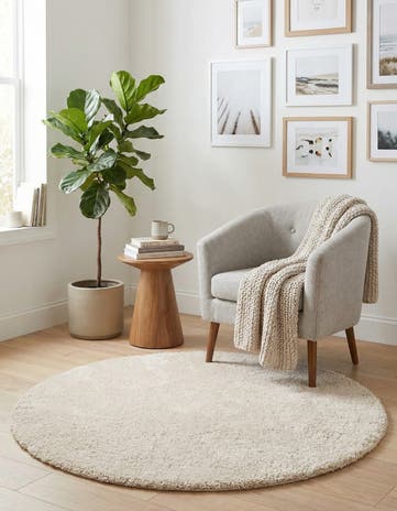 Oatmeal Beige Soft Solid Shag Round Rug