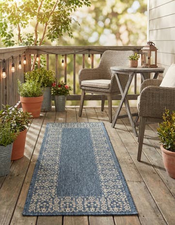 Blue Easy-Clean Border Indoor / Outdoor Runner Rug