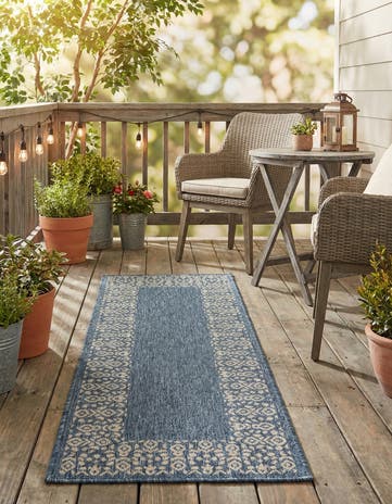 Blue Easy-Clean Border Indoor / Outdoor Runner Rug