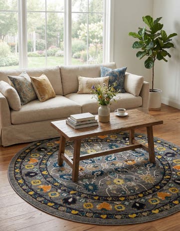 Gray Washable Fleur Round Rug