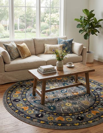 Gray Washable Fleur Round Rug