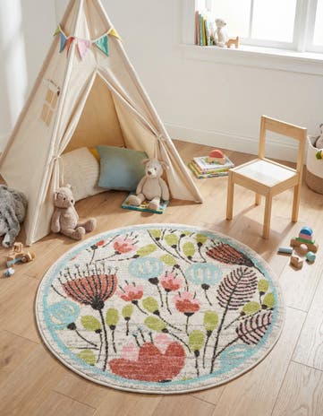 Ivory Flowers Whimsy Kids Round Rug