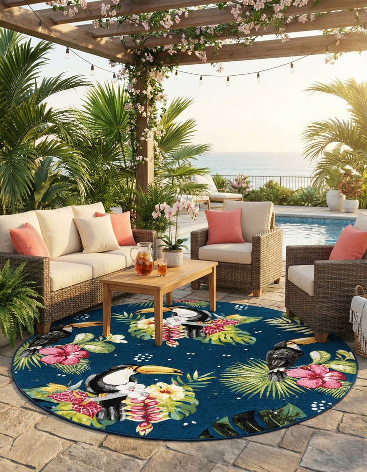Detail image of 7' 10 x 7' 10 Washable Botanical Indoor / Outdoor Round Rug