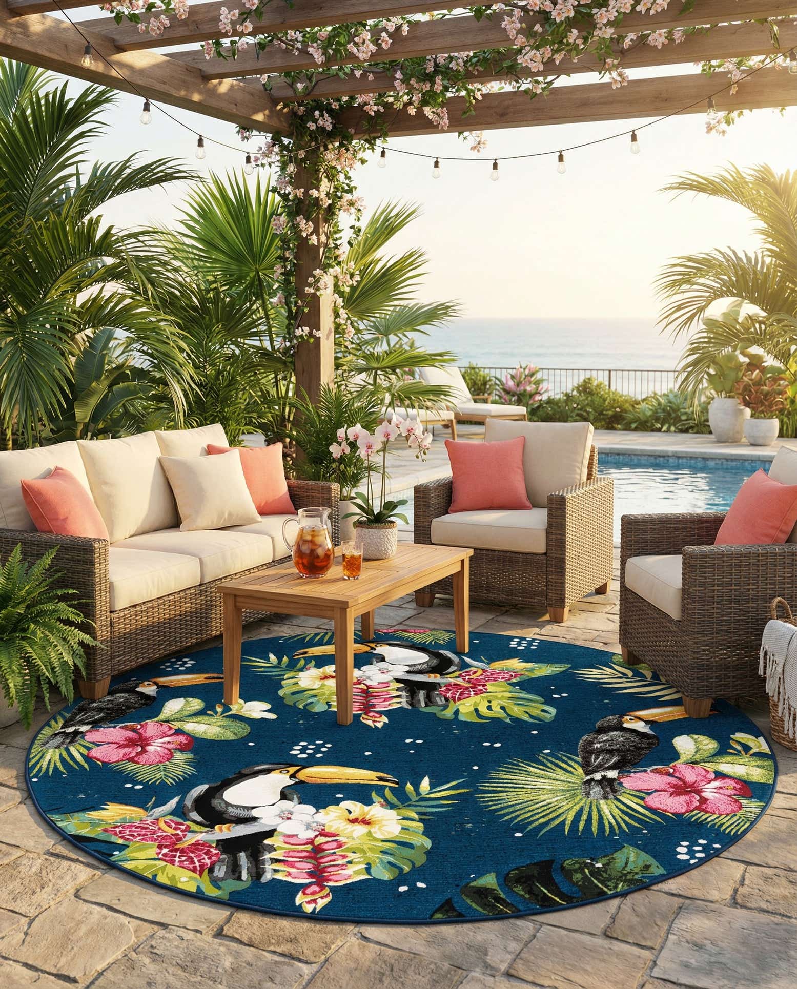 7' 10 x 7' 10 Easy-Clean Botanical Indoor / Outdoor Round Rug