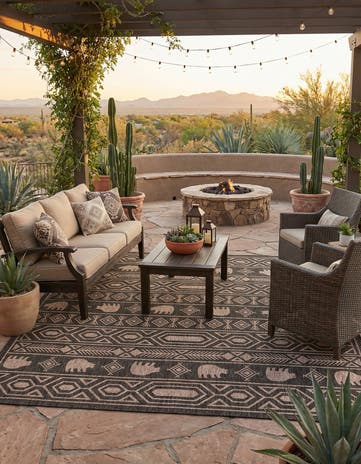 Black Easy-Clean Southwestern Indoor / Outdoor Square Rug