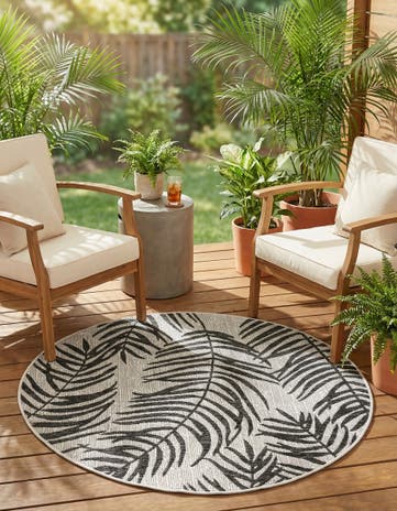 Charcoal Ivory Easy-Clean Botanical Indoor / Outdoor Round Rug