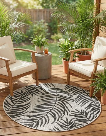 Charcoal Ivory Easy-Clean Botanical Indoor / Outdoor Round Rug
