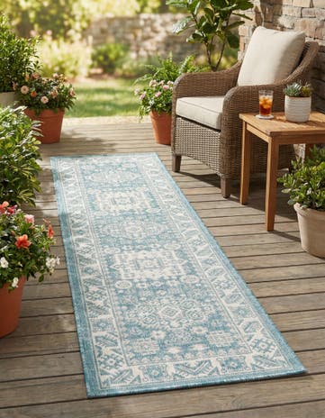 Aqua Easy-Clean Aztec Indoor / Outdoor Runner Rug