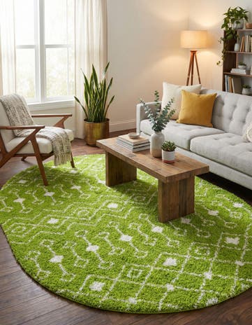 Green Moroccan Trellis Shag Oval Rug