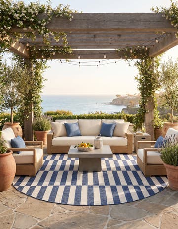 Blue Easy-Clean Ribbon Indoor / Outdoor Round Rug