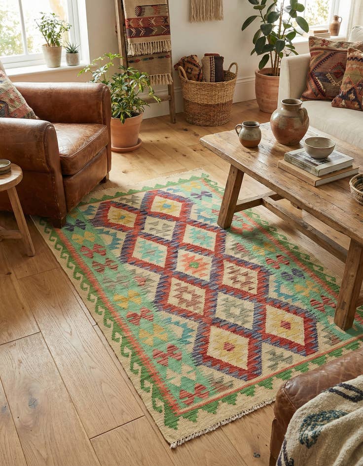 Detail image of 3' 8 x 4' 9 Hand Woven Kilim Maymana Wool Rug