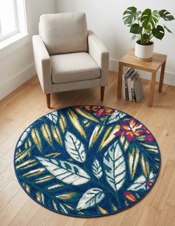 Navy Blue Bloom Round Rug