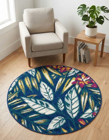 Navy Blue Bloom Round Rug
