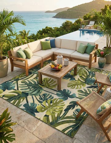 Green Easy-Clean Botanical Indoor / Outdoor Square Rug