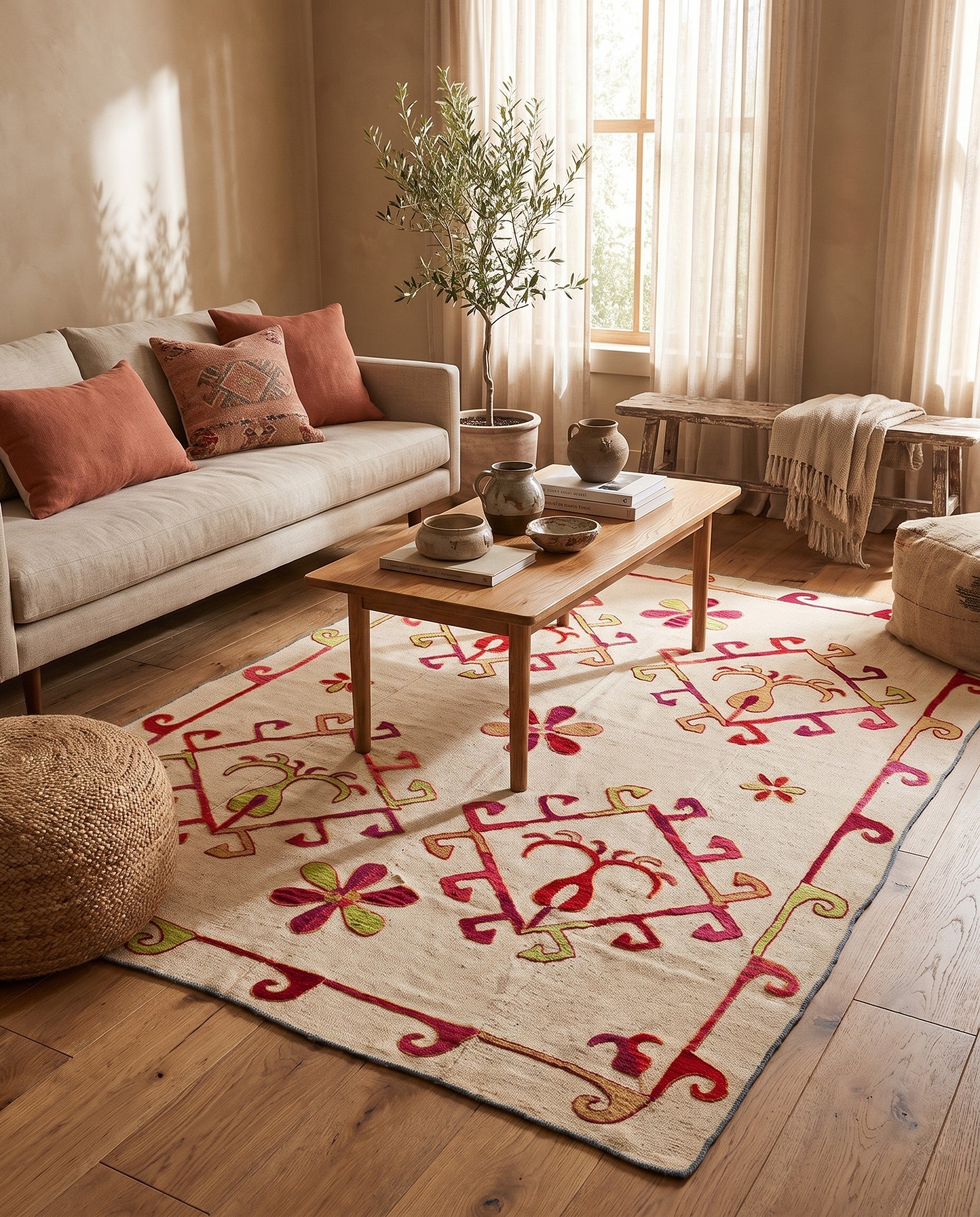 4' 10 x 6' 9 Hand Woven Kilim Suzani Wool Square Rug