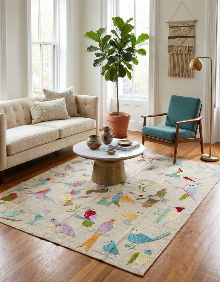 Detail image of 5' 2 x 6' 2 Hand Woven Kilim Suzani Wool Square Rug