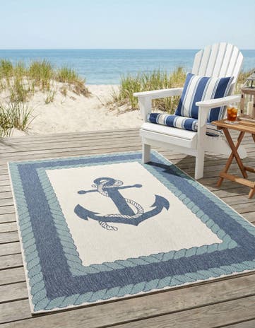 Navy Blue Easy-Clean Coastal Indoor / Outdoor Rug