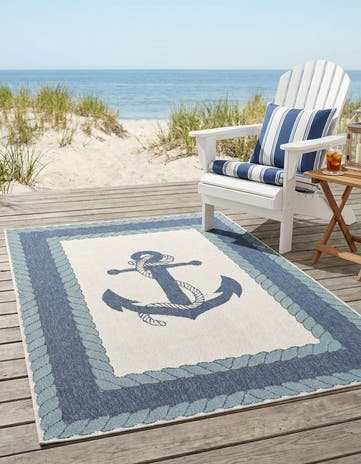 Navy Blue Easy-Clean Coastal Indoor / Outdoor Rug