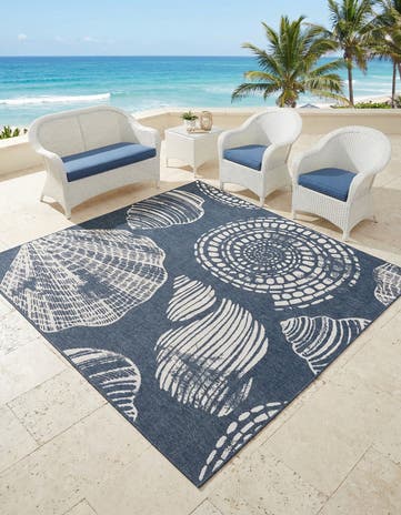 Navy Blue Easy-Clean Coastal Indoor / Outdoor Square Rug
