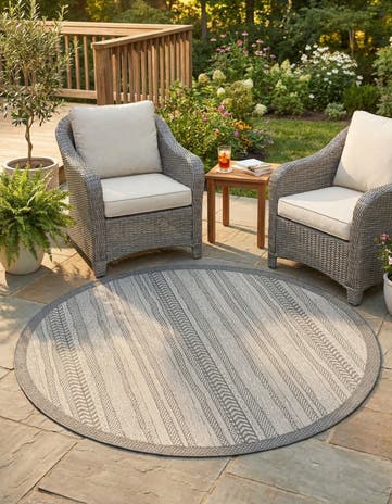 Gray Easy-Clean Border Indoor / Outdoor Round Rug