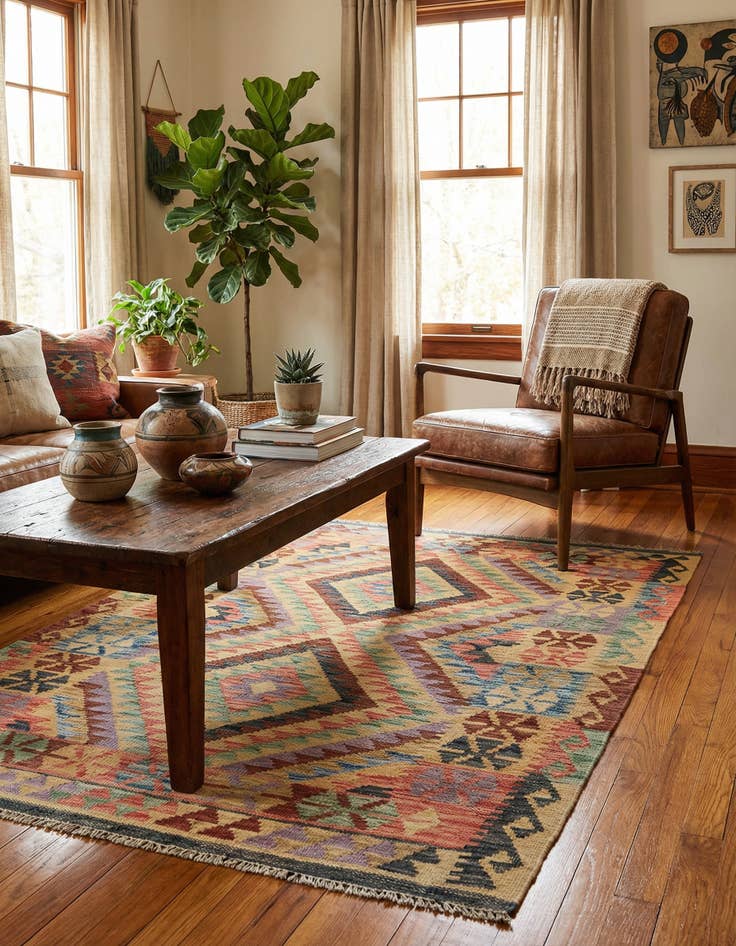 Detail image of 3' 4 x 4' 10 Hand Woven Kilim Maymana Wool Rug