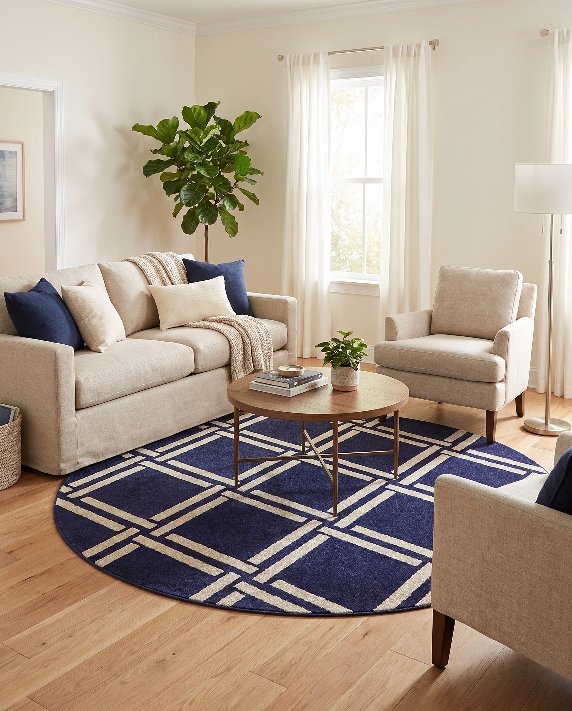 Navy Blue Trellis Round Rug
