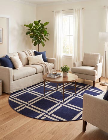 Navy Blue Trellis Round Rug