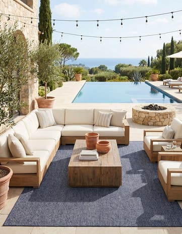 Navy Blue Easy-Clean Checkered Indoor / Outdoor Rug