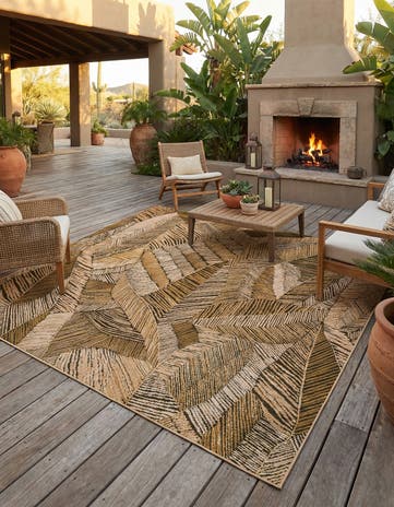 Beige and Brown Easy-Clean Botanical Indoor / Outdoor Square Rug