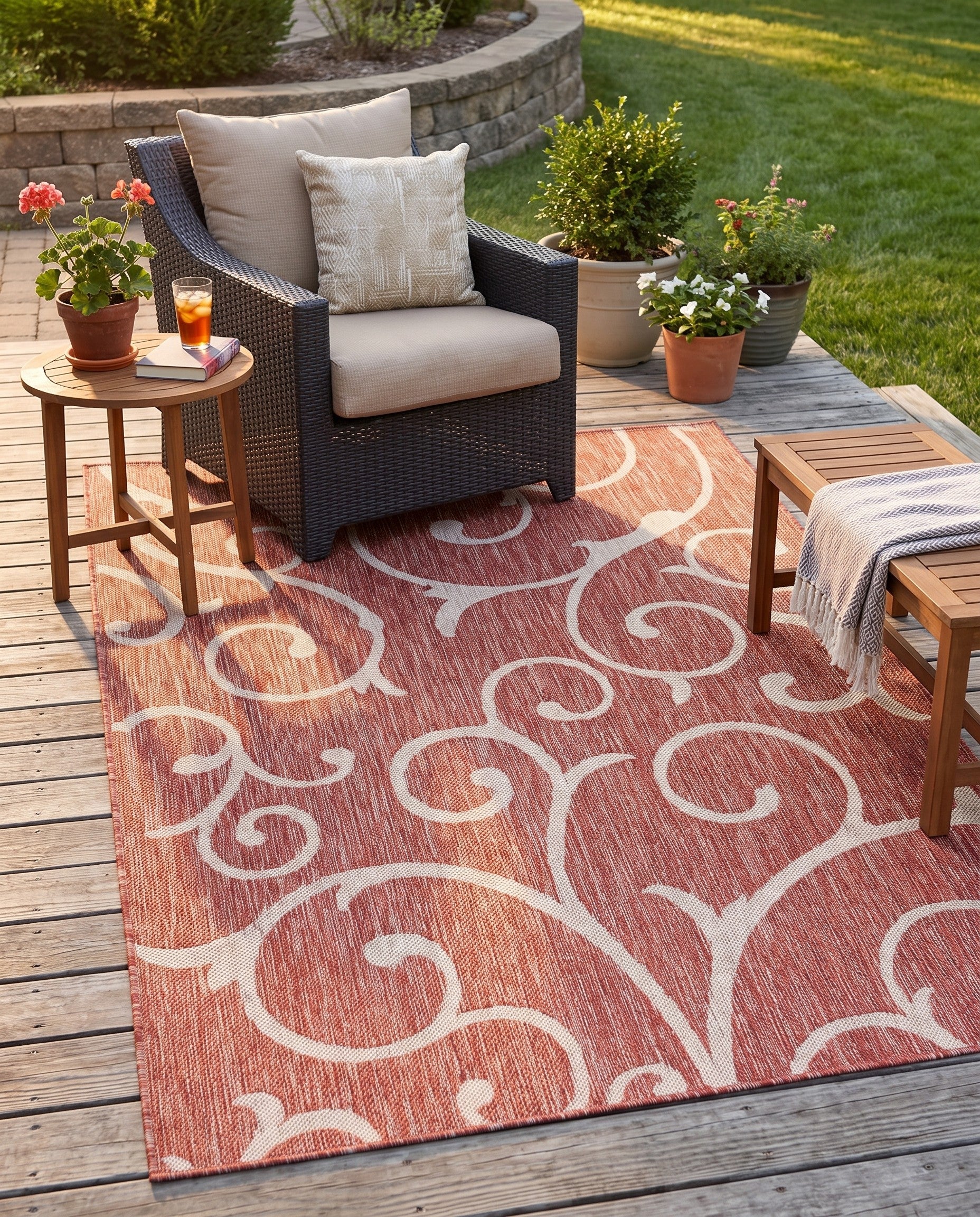 Rust Red Easy-Clean Botanical Indoor / Outdoor Rug