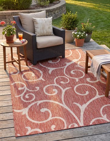 Rust Red Easy-Clean Botanical Indoor / Outdoor Rug