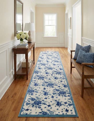 Ivory and Blue Blossom Runner Rug