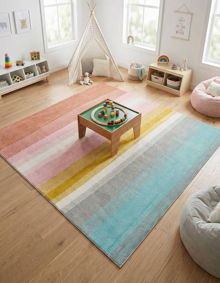 Detail image of 7' 10 x 7' 10 Rainbow Stripes Whimsy Kids Square Rug
