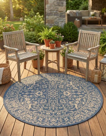 Blue Easy-Clean Botanical Indoor / Outdoor Round Rug