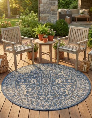 Blue Easy-Clean Botanical Indoor / Outdoor Round Rug