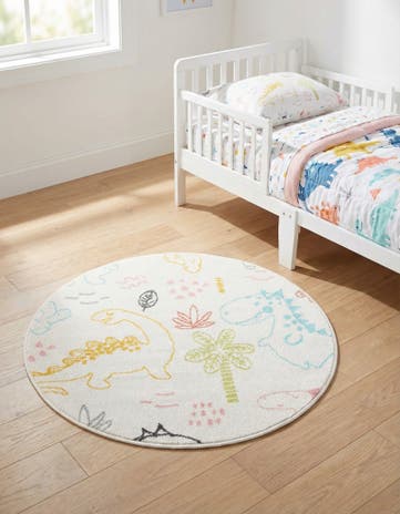 Ivory Dinosaur Whimsy Kids Round Rug