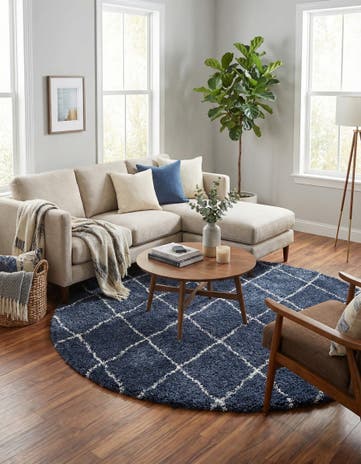 Navy Blue Moroccan Shag Round Rug