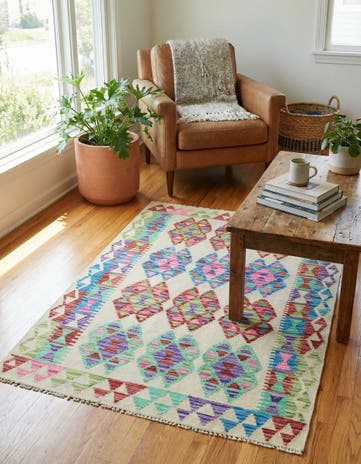 3' 2 x 4' 10 Hand Woven Kilim Maymana Wool Rug
