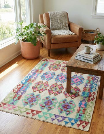 3' 2 x 4' 10 Hand Woven Kilim Maymana Wool Rug