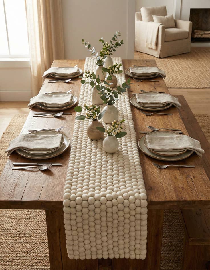 Detail image of 1' 2 x 10'  Hand Woven Felt Ball Wool Table Runner Rug