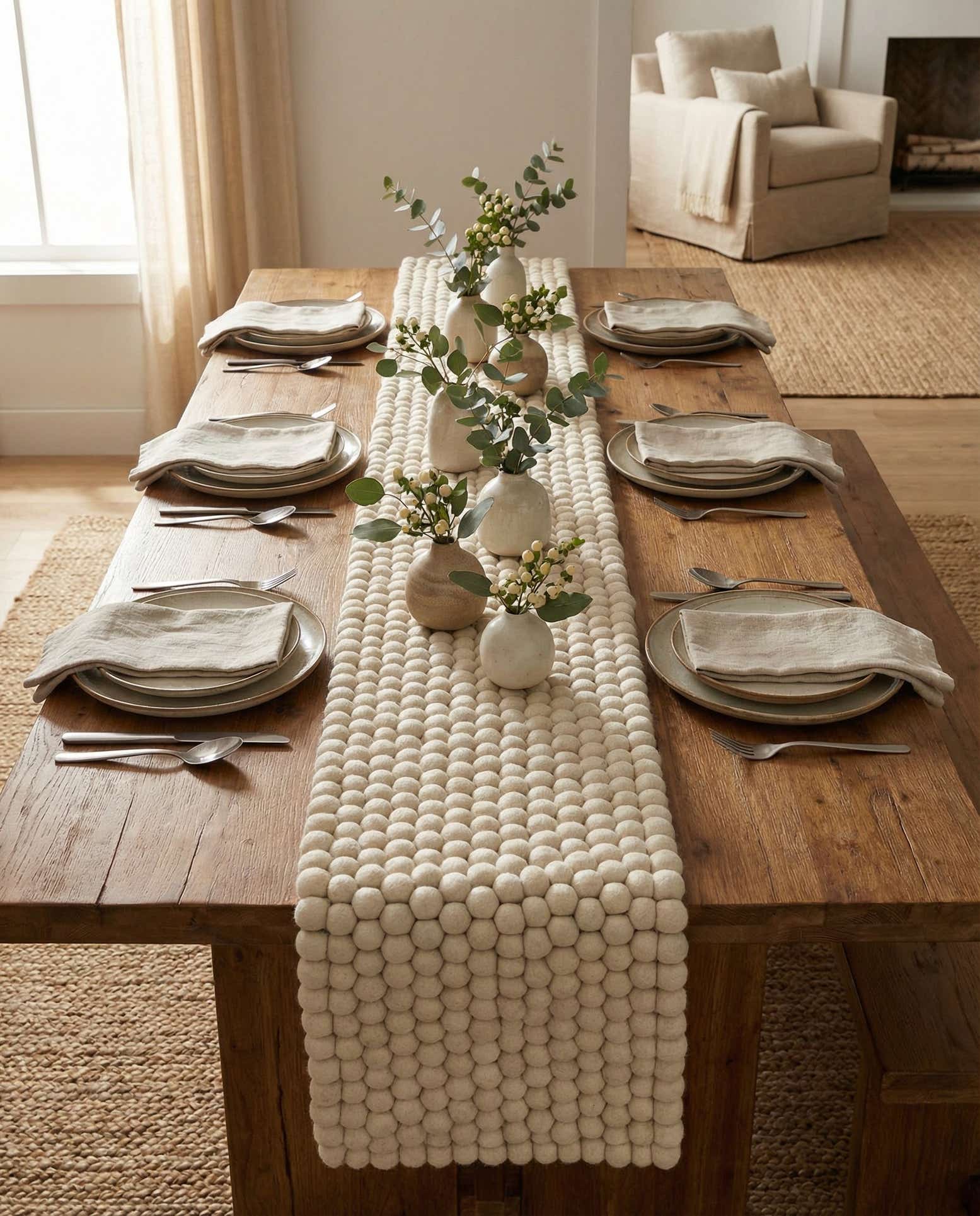 1' 2 x 10' Hand Woven Felt Ball Wool Table Runner Rug