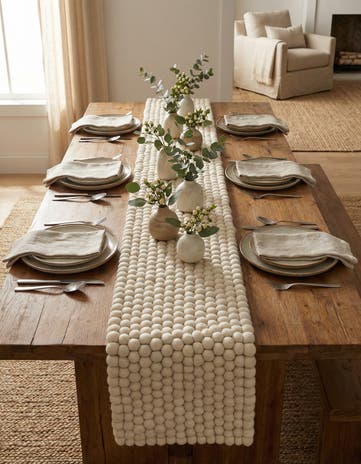 Ivory Hand Woven Felt Ball Wool Table Runner Rug